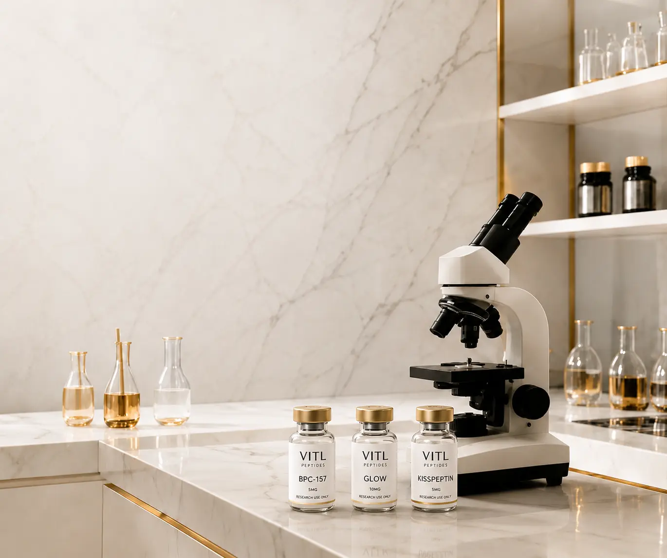 Research peptide vials and lab materials on a marble work surface