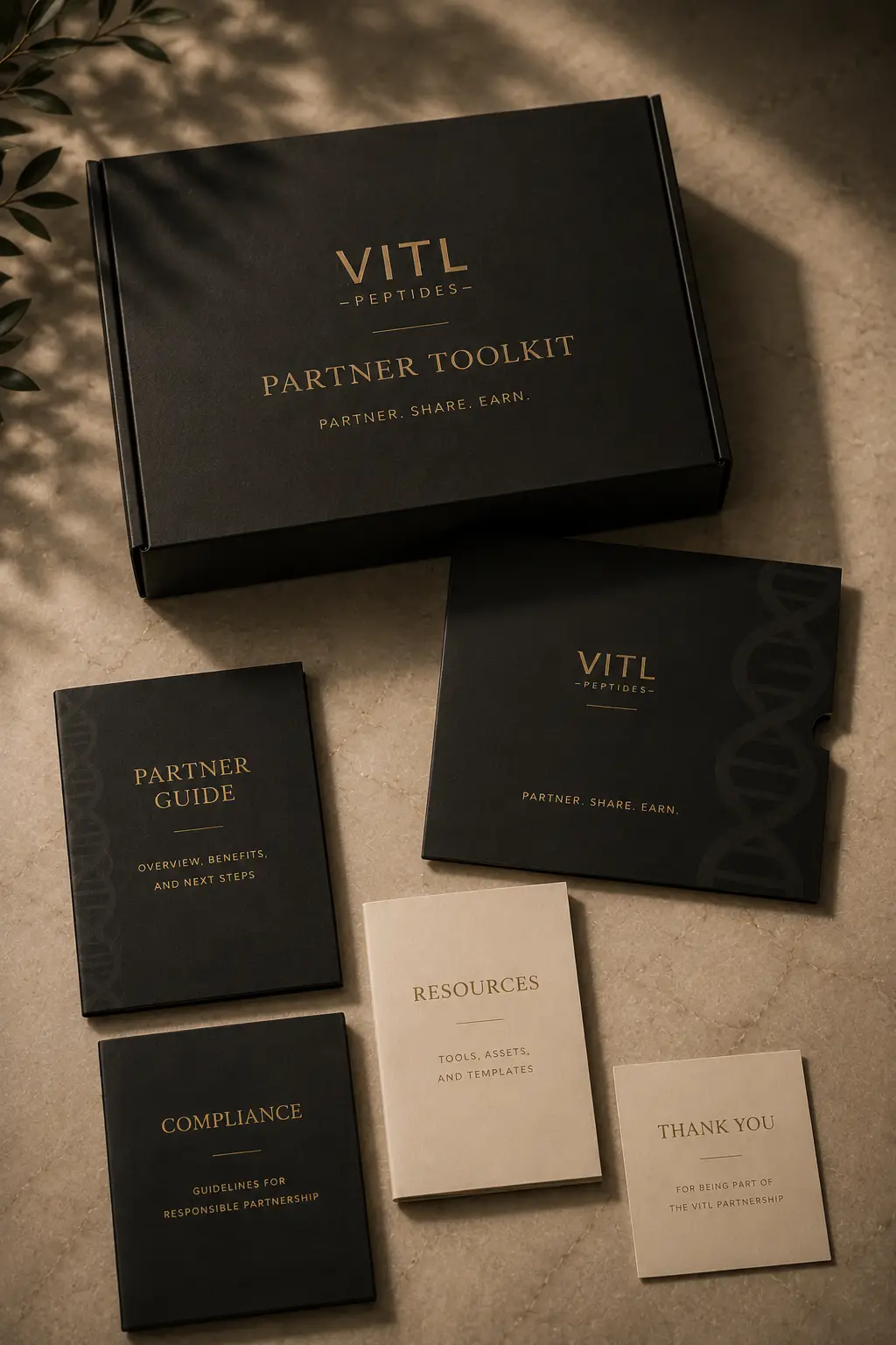 Vitl Peptides partner toolkit materials including partner guide, compliance, and resources